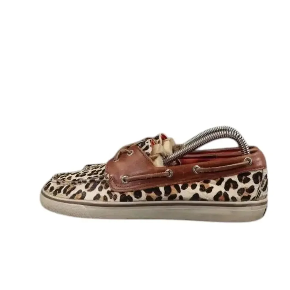 Sperry Shoes Womens 8.5 Top Sider Boat Deck Leather Leopard Print Fashion Preppy